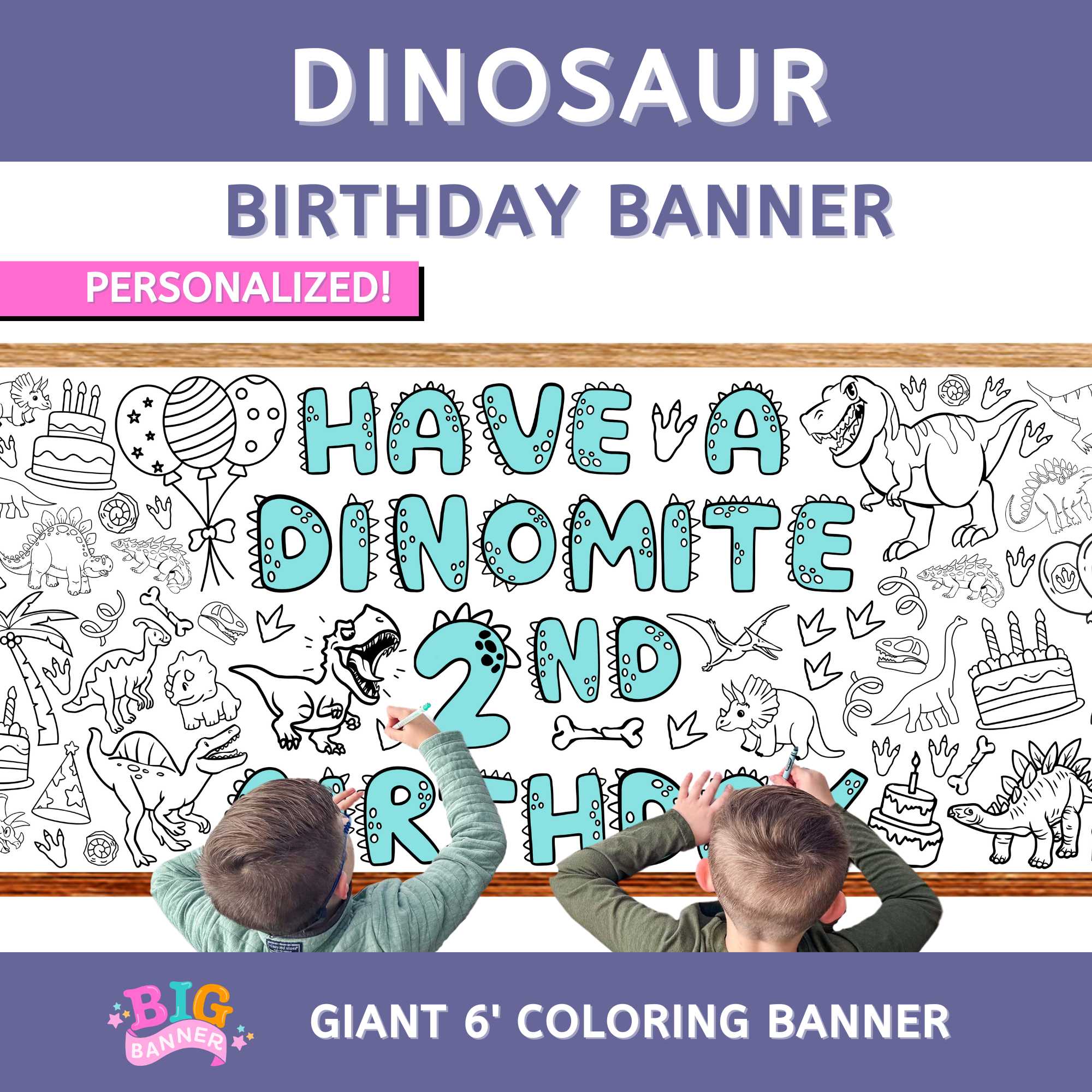 Dinosaur Birthday Coloring Banner Personalized