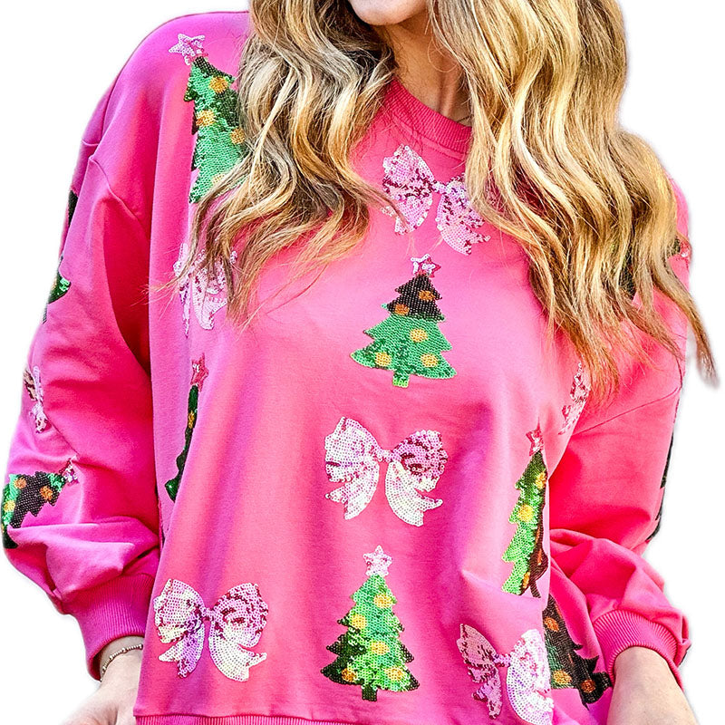 Christmas Trees Sequin Sweatshirt | Pink Sequin Sweatshirt Oversized Fit