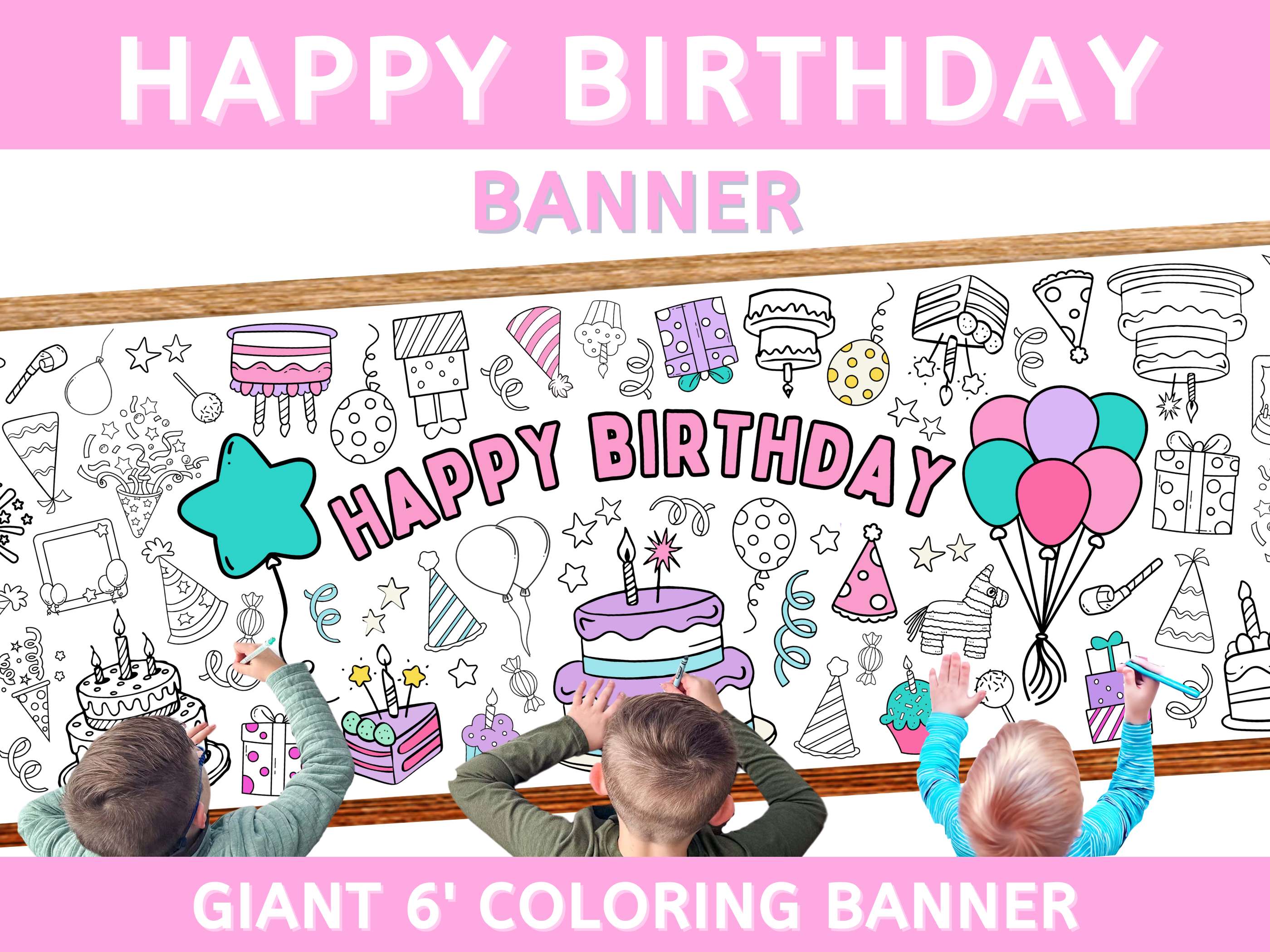 birthday coloring banner giant poster paper tablecloth table runner kids party crayons markers kids activity screenfree