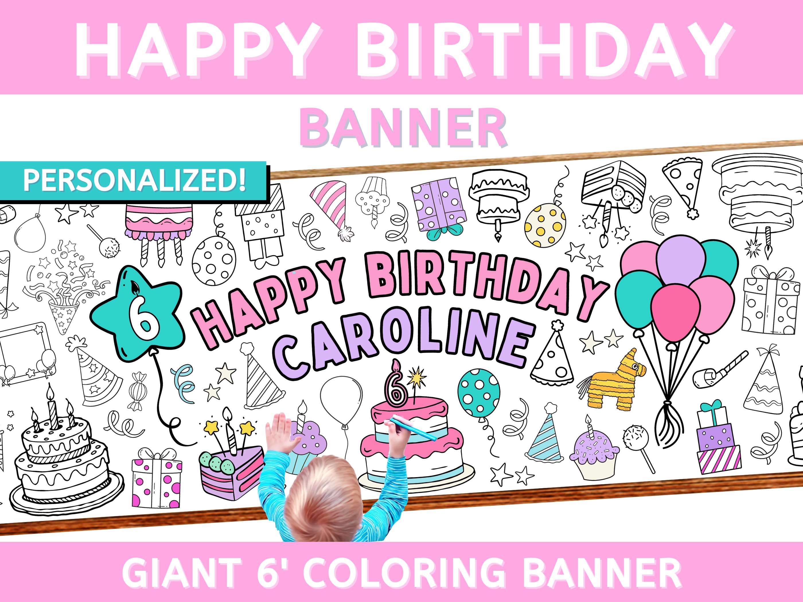 birthday coloring banner giant custom customized personalized crayon marker pencils balloons cake cupcakes birthday party paper tablecloth table runner