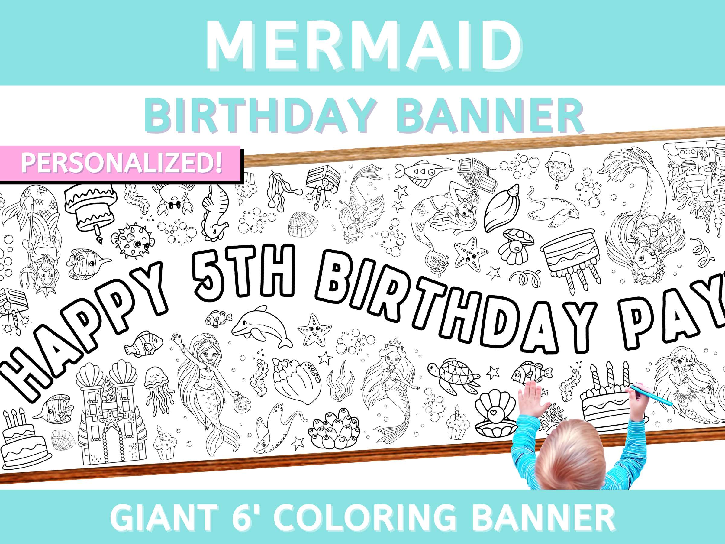 Mermaid Birthday Coloring Banner Personalized