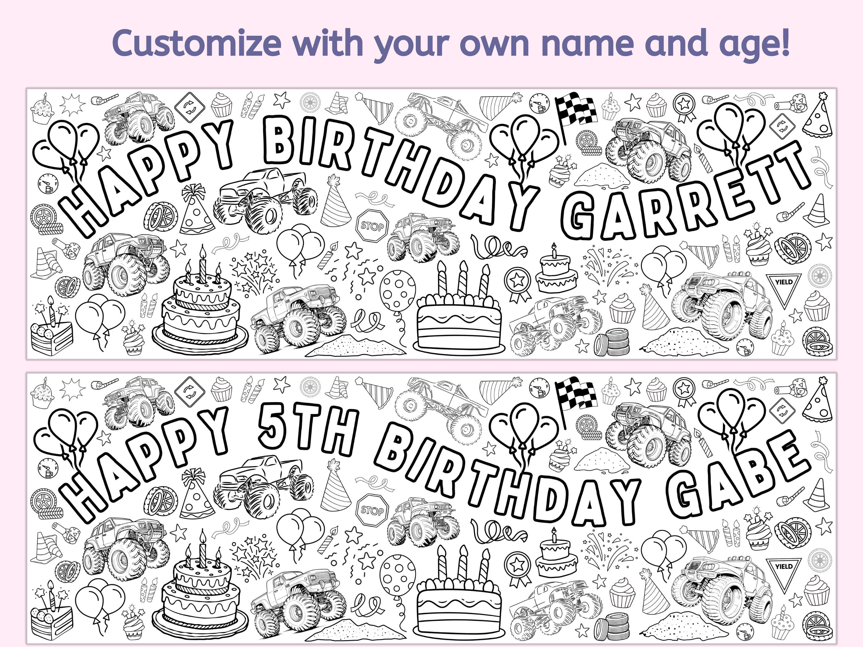 Monster Truck Birthday Coloring Banner Personalized