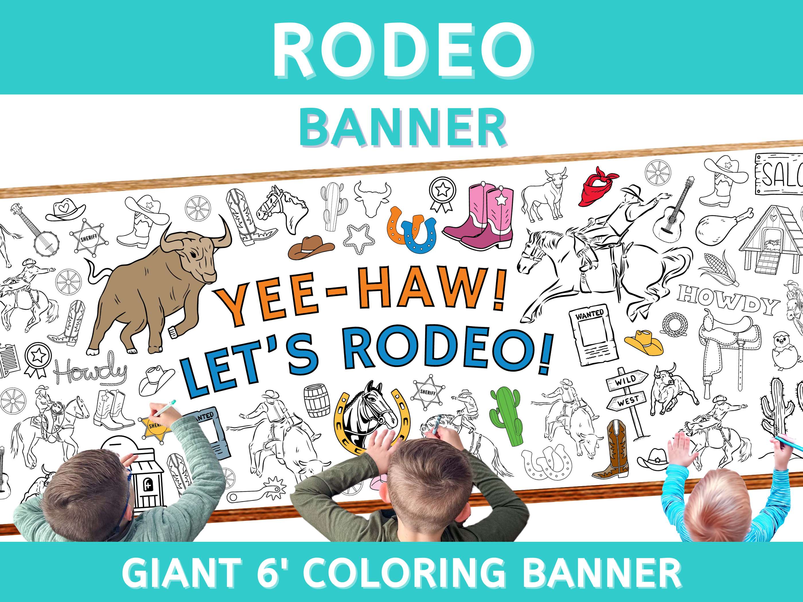 Rodeo Cowboy Giant Coloring Banner | Bull Cowgirl Table Runner Tablecloth Kids