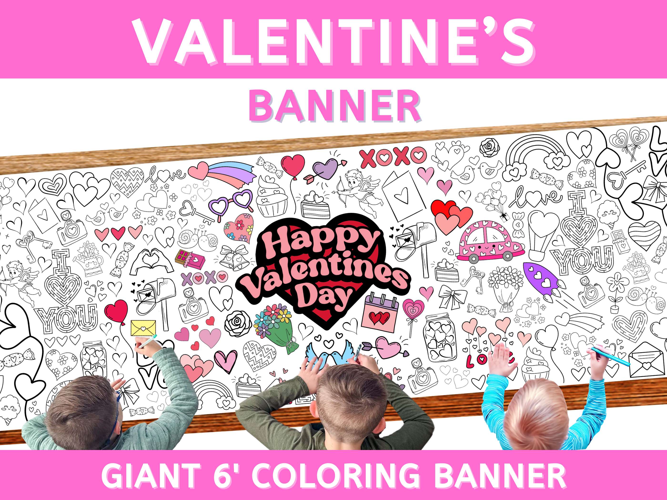 valentine coloring banner giant crayon paper tablecloth table runner kids happy valentine's day activity